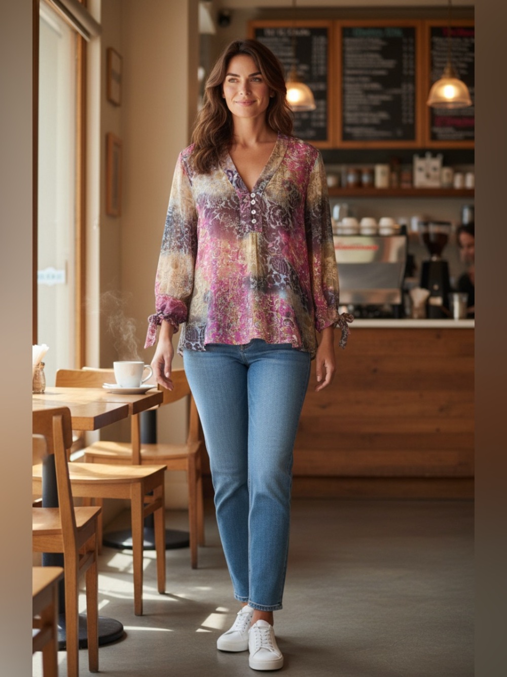 Coldwater Creek (size PL)Silk Pink/Green/Blue V-neck Blouse with 3/4  Sleeves